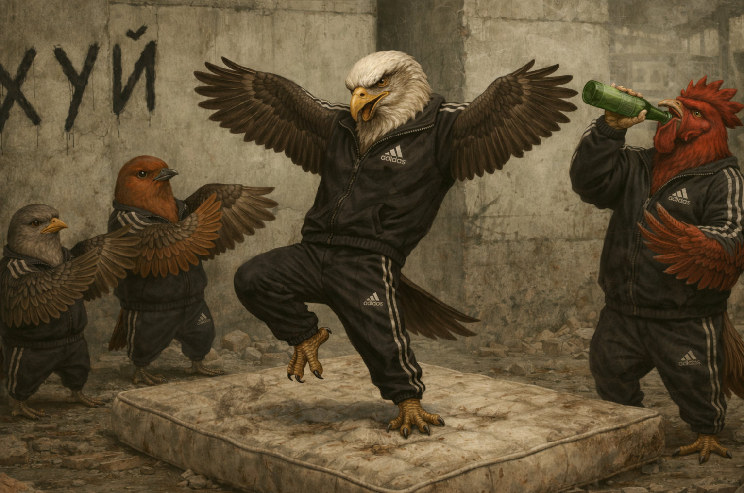 Арсений Шпендер ебашит лезгинку на заброшке на каком-то старом обоссаном матрасе, Рыжий и Малой делают вид что им нравится, Серёга глушит водку, Серый куда-то свалил 